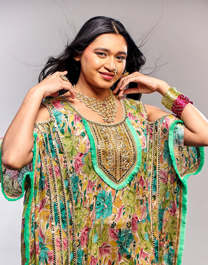 Printed Embroidered Hi-Lo Kaftan with Pants