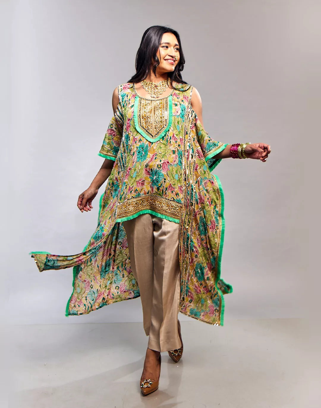 Printed Embroidered Hi-Lo Kaftan with Pants