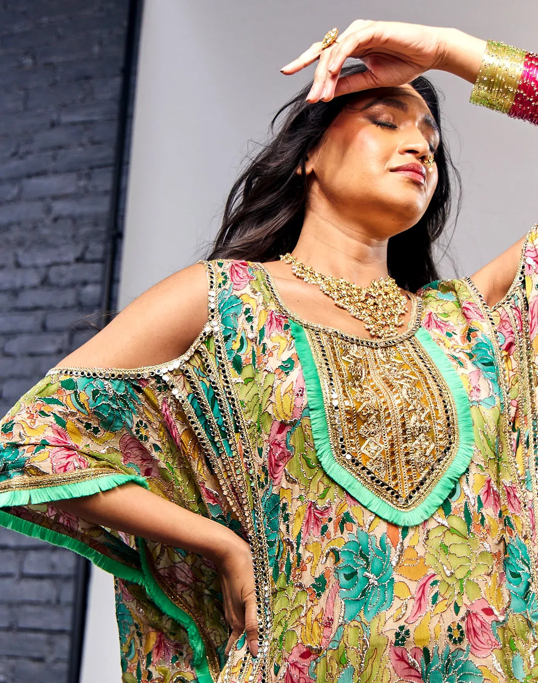 Printed Embroidered Hi-Lo Kaftan with Pants