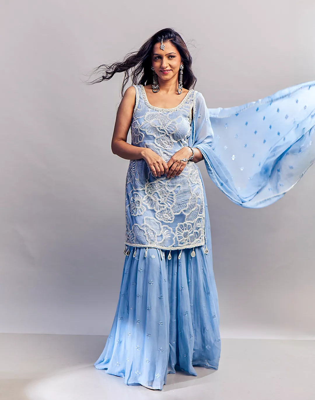 Embroidered Net Gharara Set