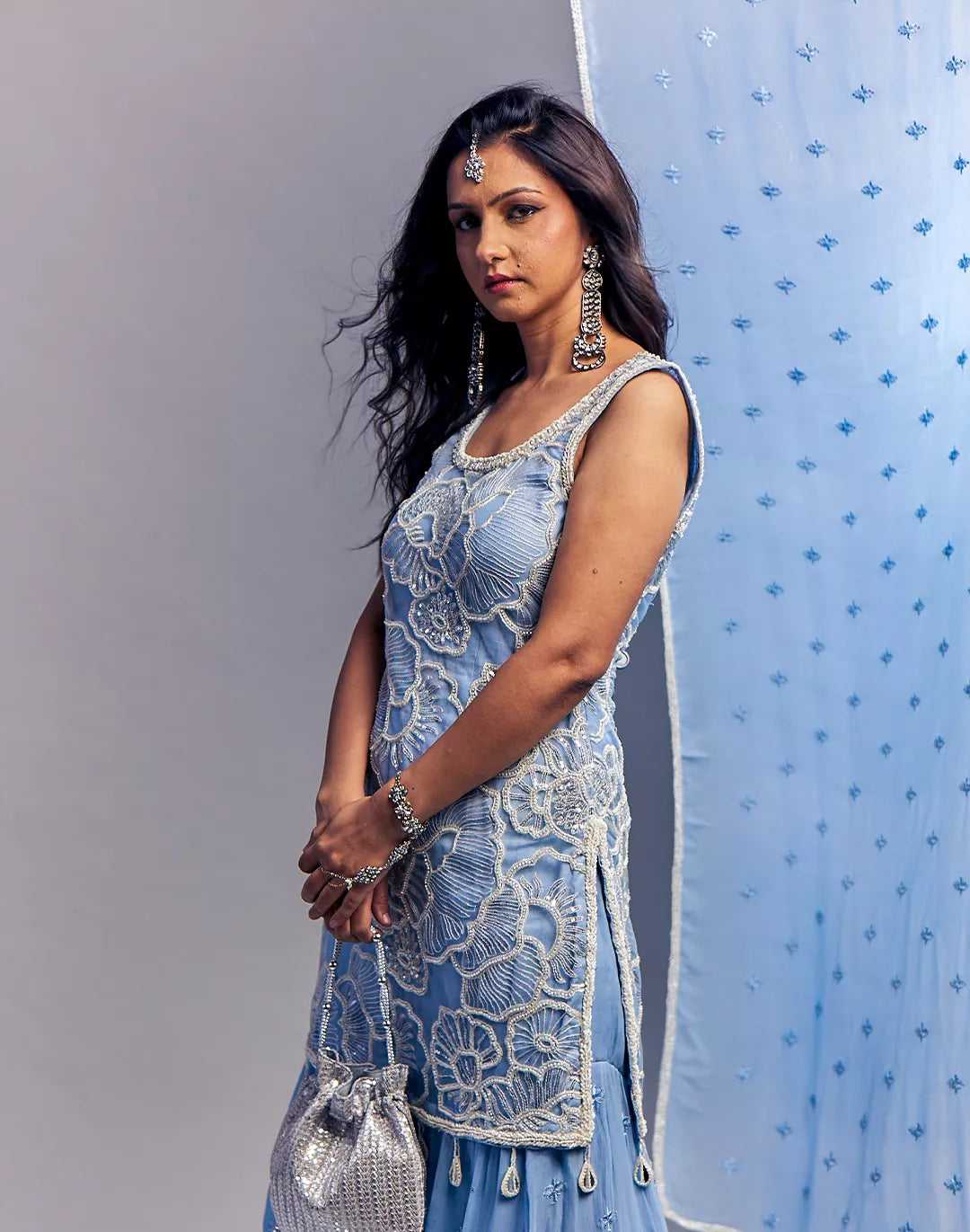 Embroidered Net Gharara Set